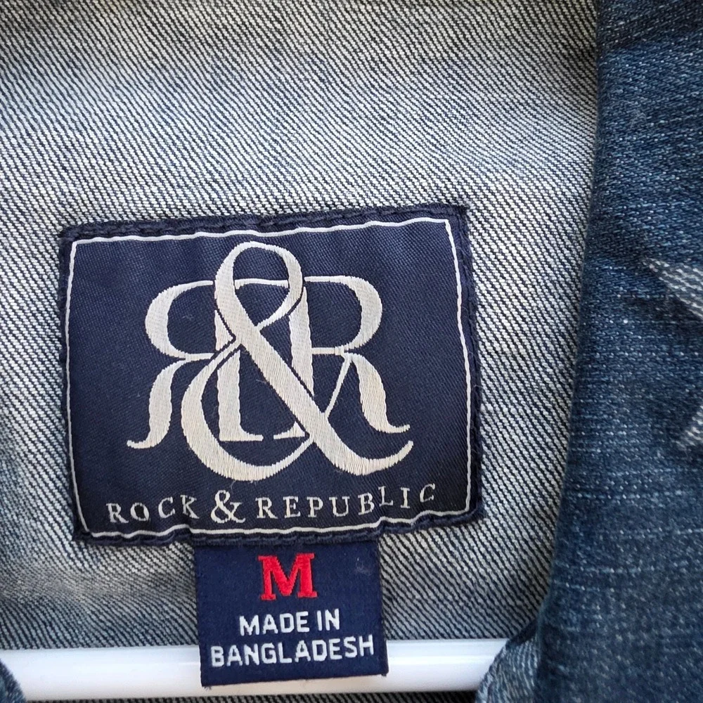 Rock & Republic Denim Vest Women M Blue Star Print Frayed Gunshow Starlight‎ 4TH